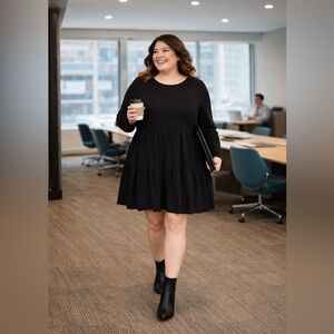 ZARA Black Tiered Babydoll Dress XL Long Sleeve Business Casual Mini Dress